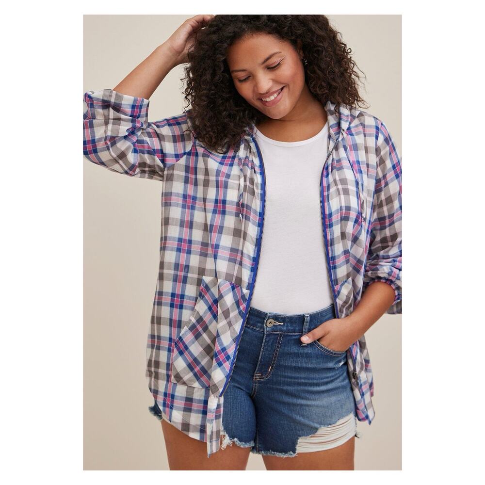 Torrid Gray&Blue Plaid Voile Longline Zip Up Anorak Jacket Sz.1 NWT